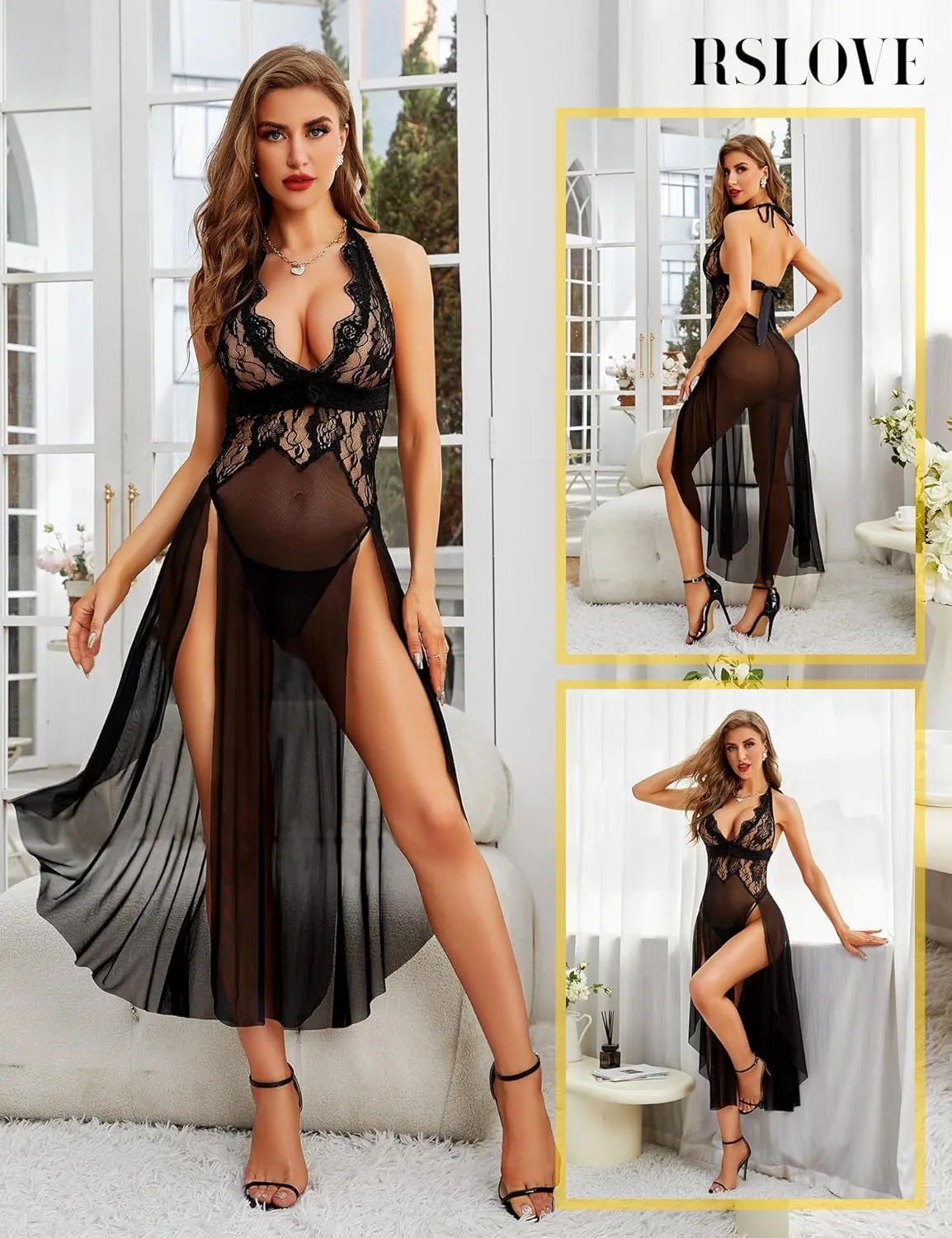 RSLOVE Women's Sexy Lingerie Lace Babydoll Sleepwear Mesh Chemise Deep V Neck Nightdress Side Slits Nightgowns