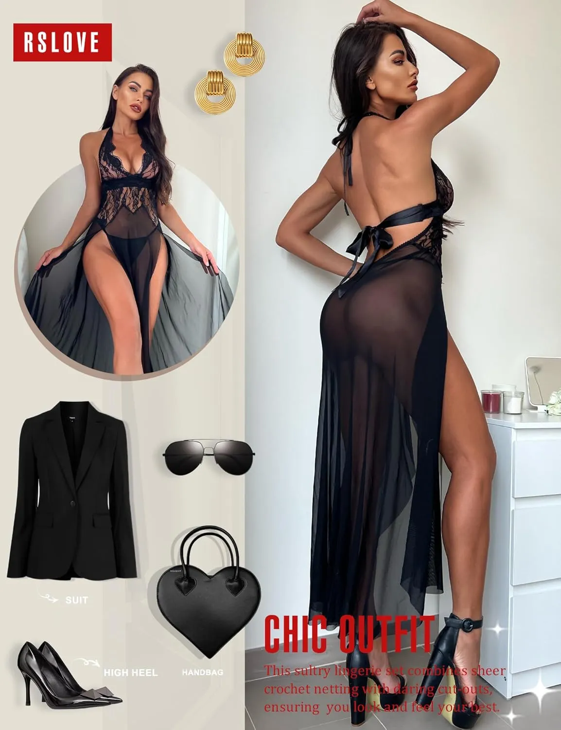 RSLOVE Women's Sexy Lingerie Lace Babydoll Sleepwear Mesh Chemise Deep V Neck Nightdress Side Slits Nightgowns