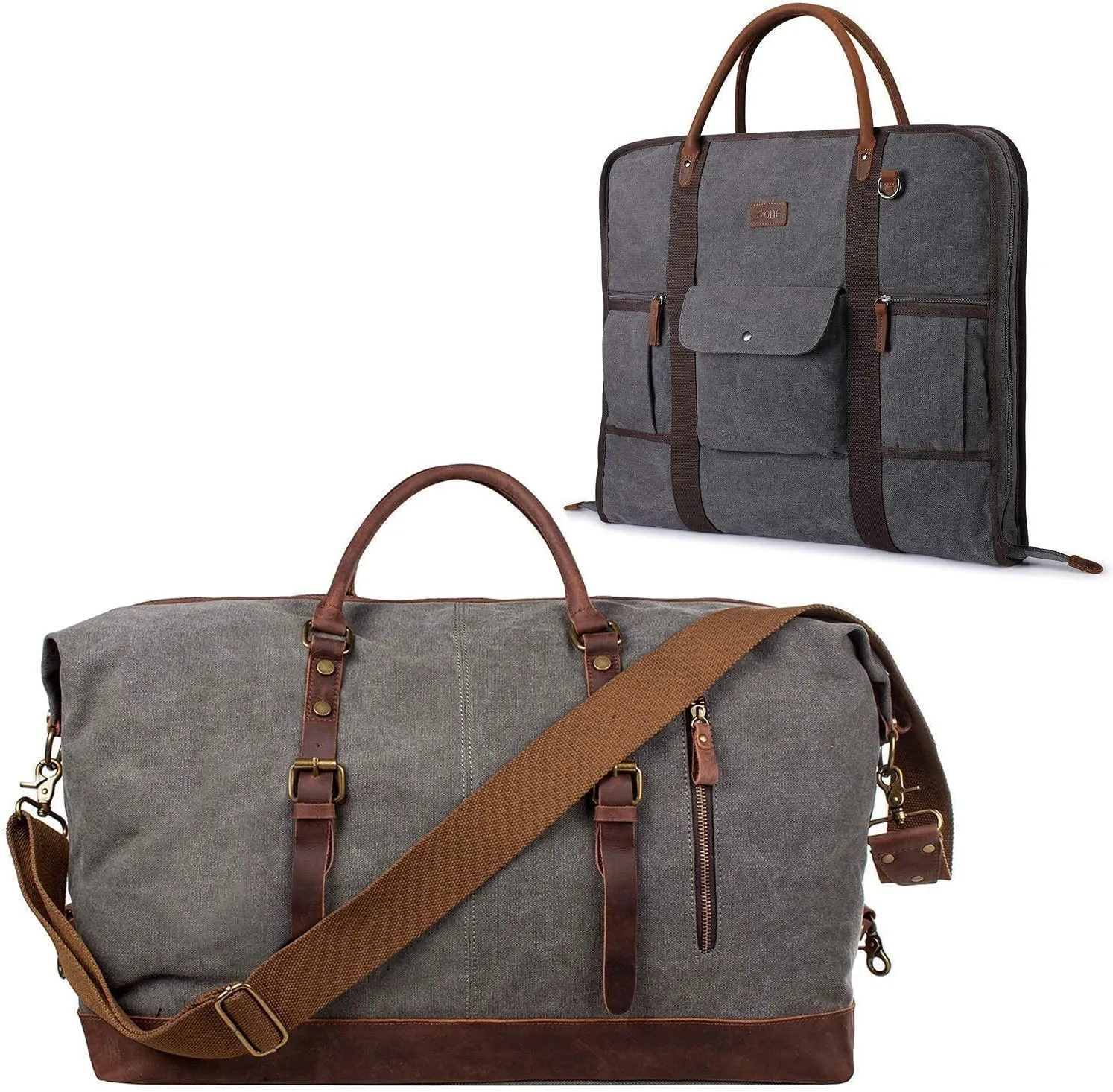 S-ZONE Oversized Canvas Genuine Leather Duffel Shoulder Weekender Bag Overnight Handbag Carry On Garment Bag Business Travel Men Suit Cover