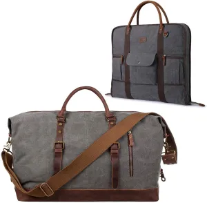 S-ZONE Oversized Canvas Genuine Leather Duffel Shoulder Weekender Bag Overnight Handbag Carry On Garment Bag Business Travel Men Suit Cover