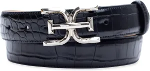 Sam Edelman Women's Fashion Double-E Plaque Logo Buckle Slim Textured Belt for Jeans, Dresses and Trousers