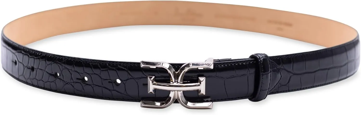 Sam Edelman Women's Fashion Double-E Plaque Logo Buckle Slim Textured Belt for Jeans, Dresses and Trousers