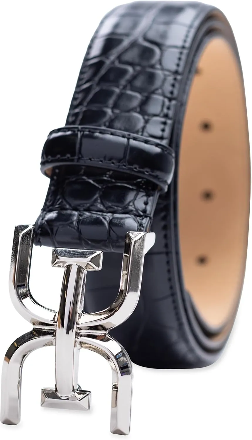 Sam Edelman Women's Fashion Double-E Plaque Logo Buckle Slim Textured Belt for Jeans, Dresses and Trousers