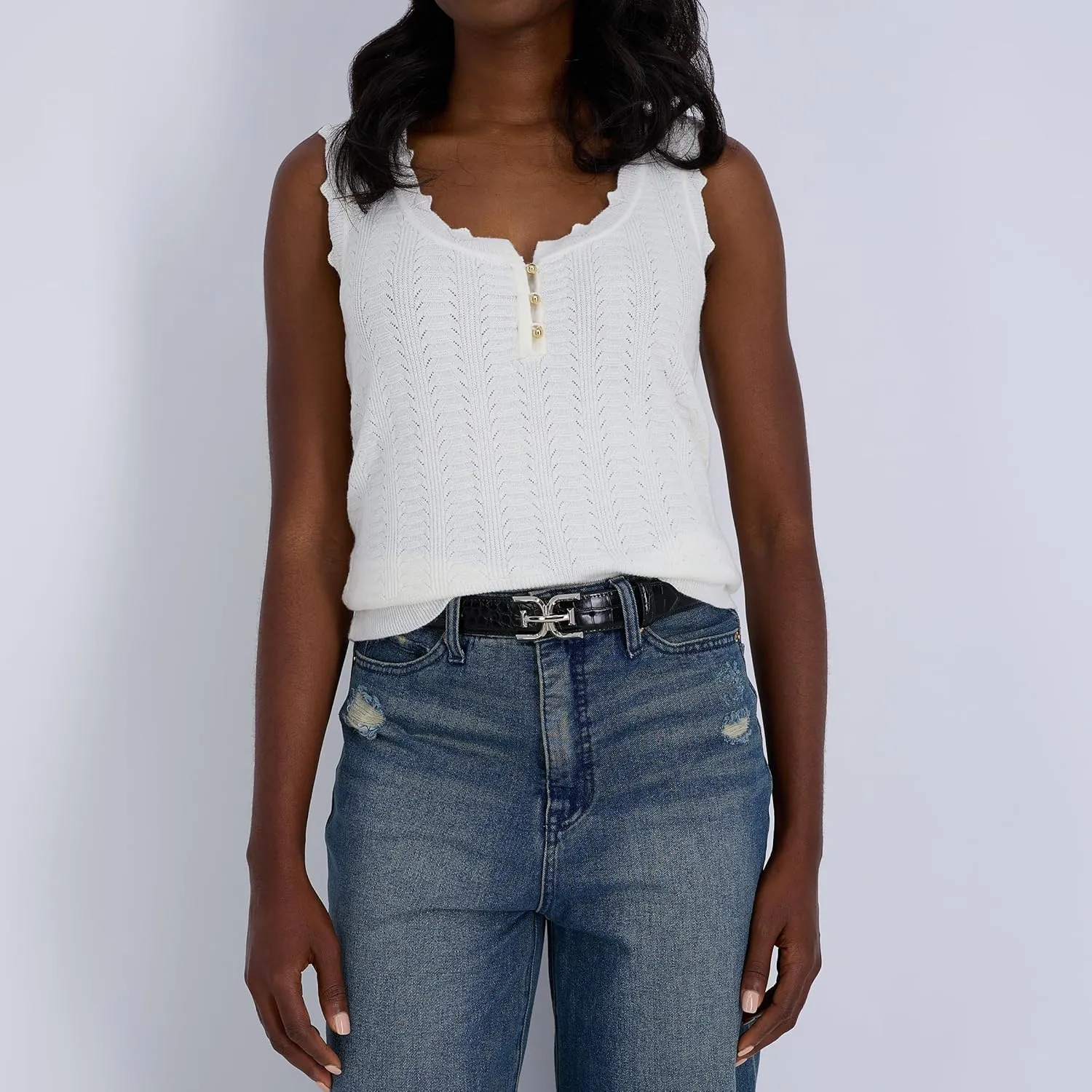 Sam Edelman Women's Fashion Double-E Plaque Logo Buckle Slim Textured Belt for Jeans, Dresses and Trousers