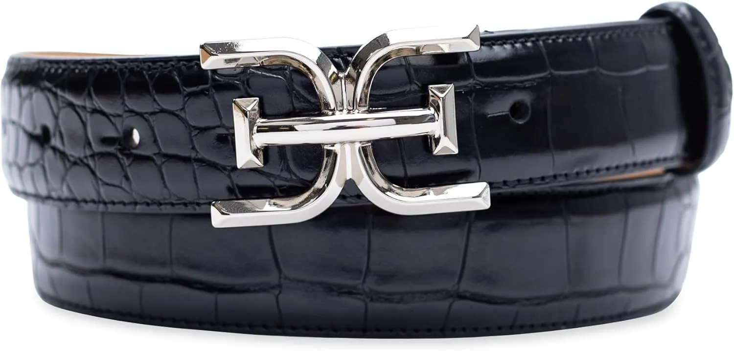 Sam Edelman Women's Fashion Double-E Plaque Logo Buckle Slim Textured Belt for Jeans, Dresses and Trousers