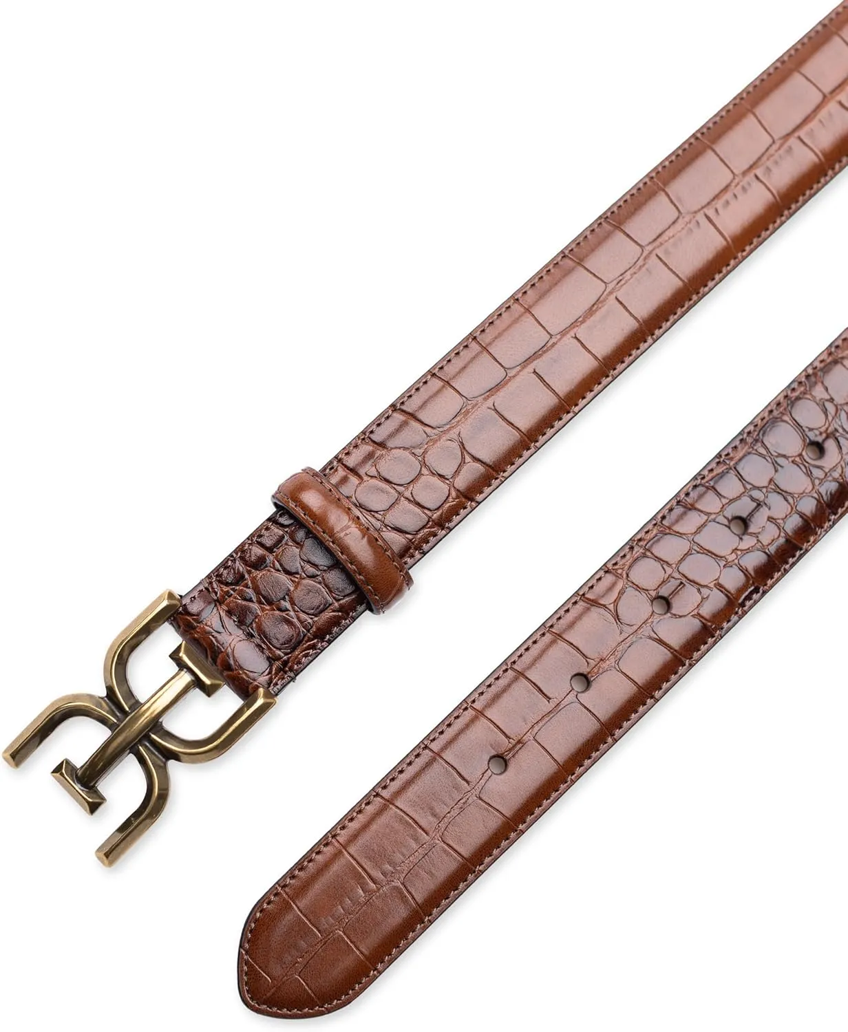 Sam Edelman Women's Fashion Double-E Plaque Logo Buckle Slim Textured Belt for Jeans, Dresses and Trousers