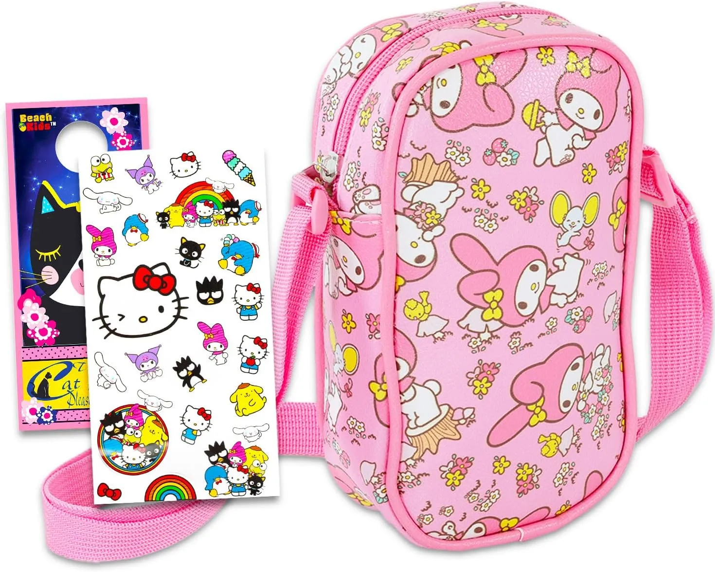 SANRIO Hello Kitty My Melody Crossbody Purse for Girls - My Melody Handbag Bundle with My Melody Crossbody Bag for Girls Plus Stickers, Door Hanger | Hello Kitty My Melody Accessories