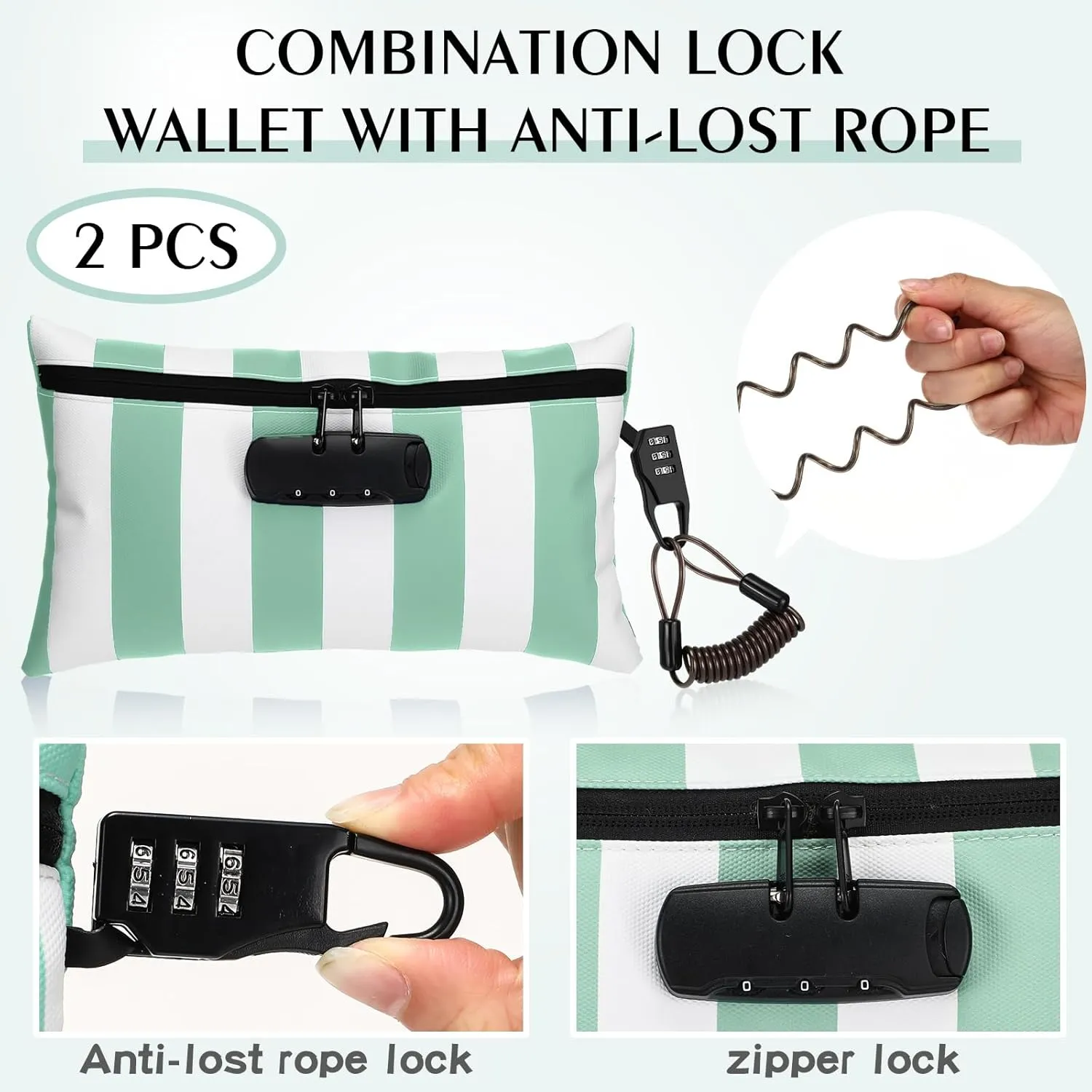 Sanwuta 2 Pack Money Bag with Lock Small Locking Money Bag for Beach Cash Wallet, 6.7 x 11 Inch(Grass Green, White)