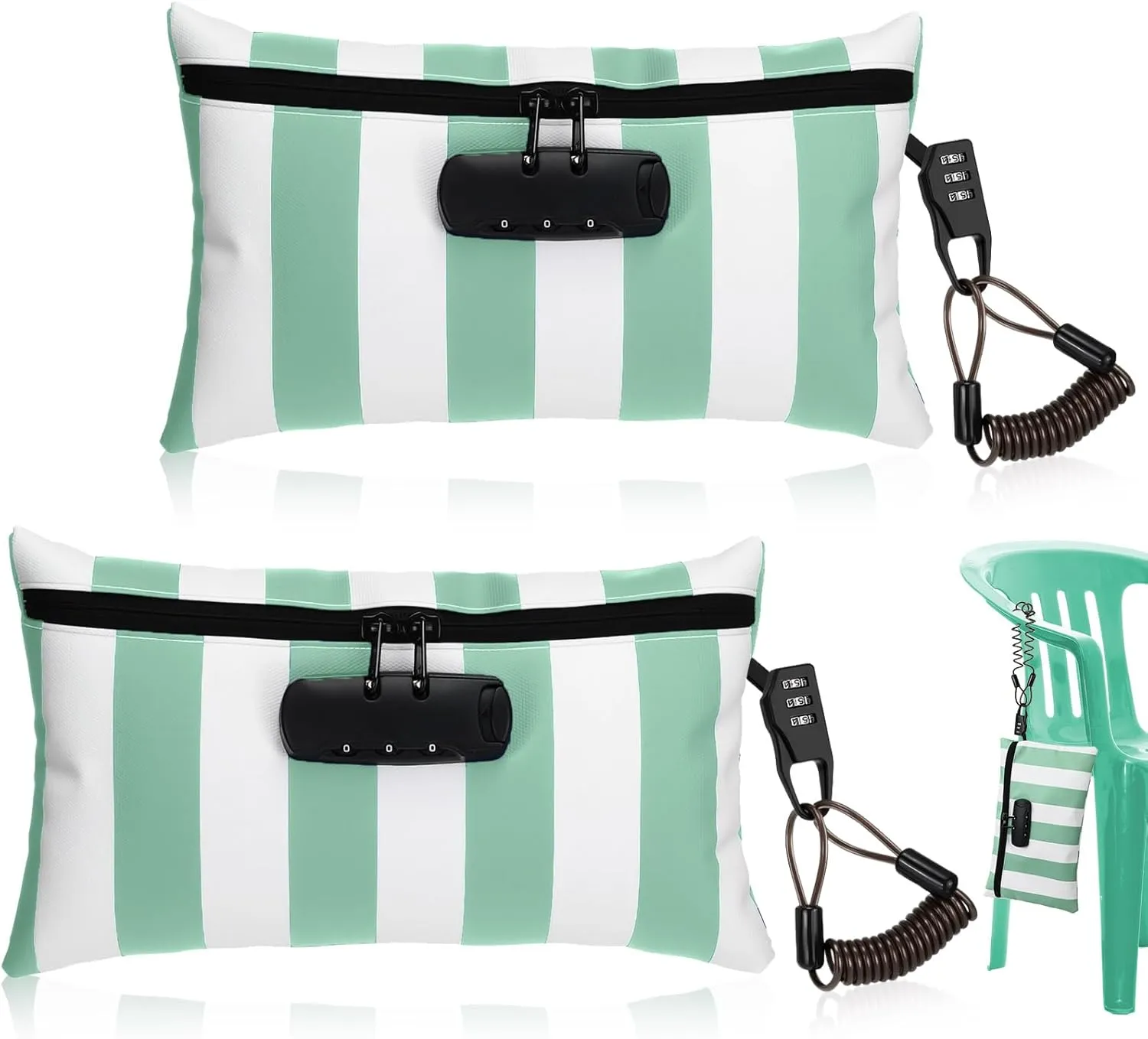 Sanwuta 2 Pack Money Bag with Lock Small Locking Money Bag for Beach Cash Wallet, 6.7 x 11 Inch(Grass Green, White)