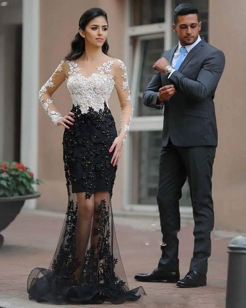 SDRESS Women's Appliques Long Sleeve V-Neck Side Slit Mermaid Formal Prom Dress
