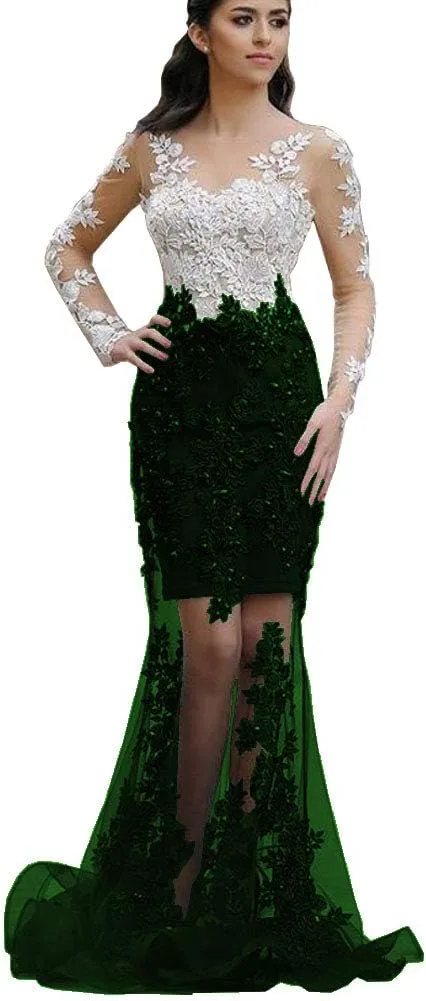 SDRESS Women's Appliques Long Sleeve V-Neck Side Slit Mermaid Formal Prom Dress