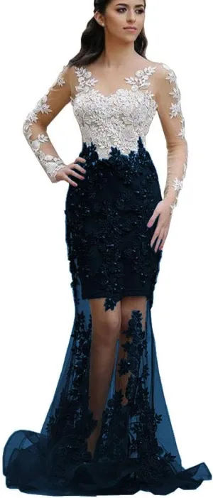 SDRESS Women's Appliques Long Sleeve V-Neck Side Slit Mermaid Formal Prom Dress