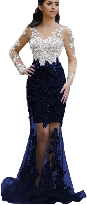 SDRESS Women's Appliques Long Sleeve V-Neck Side Slit Mermaid Formal Prom Dress