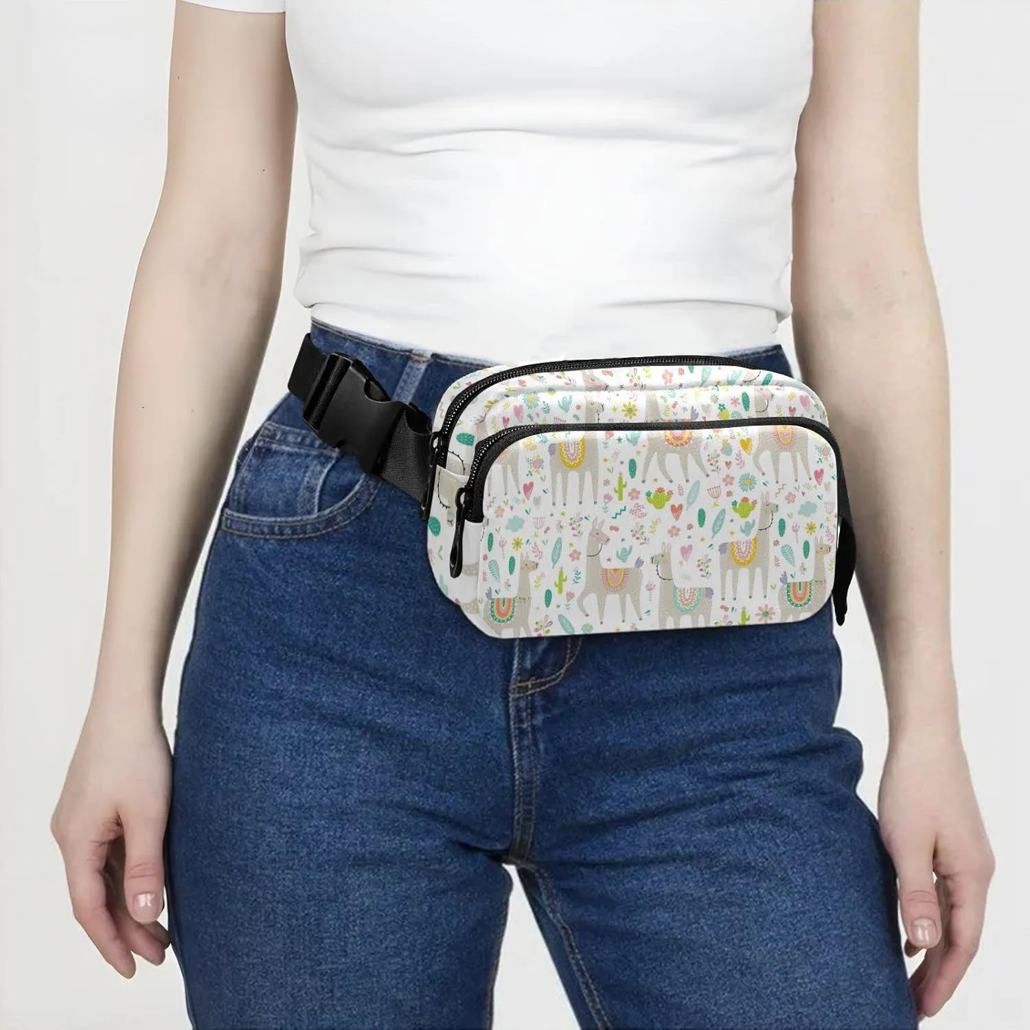 Seamless Colorful Tribal Ethnic Llama, Cactus Cacti on White Adjustable Belt Running Bag, Crossbody Fanny Pack Waist Runners Bag Tote for Women Men Sports Hiking Fitness Exercise Gym Pouch