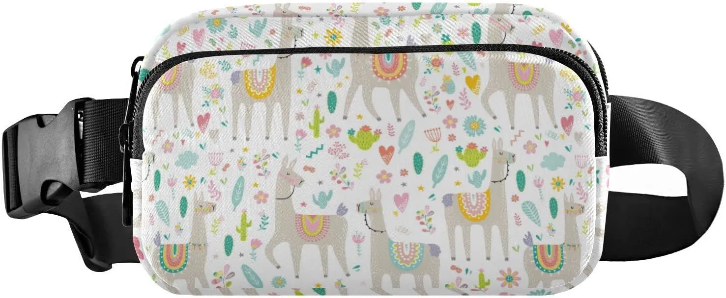 Seamless Colorful Tribal Ethnic Llama, Cactus Cacti on White Adjustable Belt Running Bag, Crossbody Fanny Pack Waist Runners Bag Tote for Women Men Sports Hiking Fitness Exercise Gym Pouch