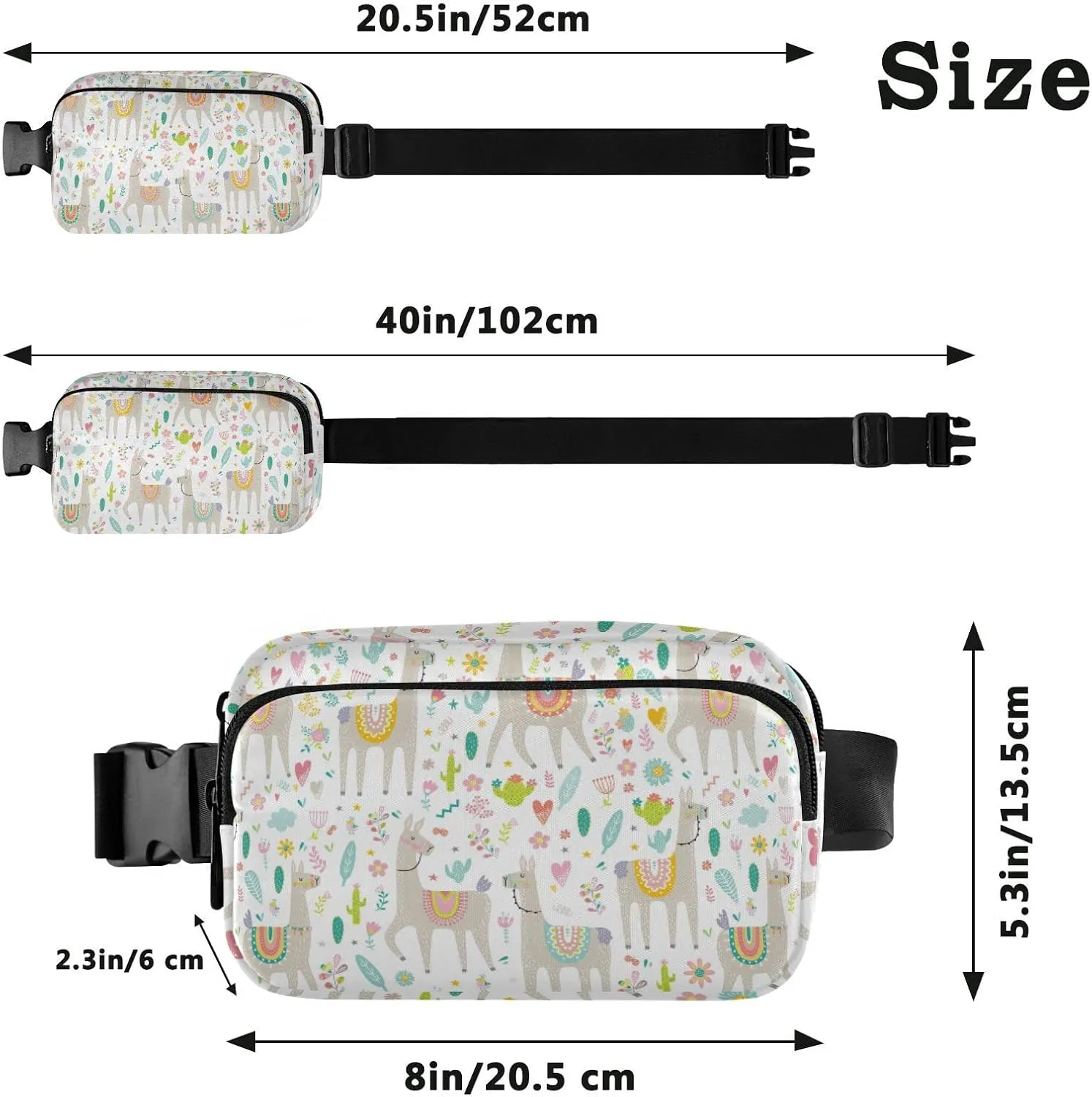 Seamless Colorful Tribal Ethnic Llama, Cactus Cacti on White Adjustable Belt Running Bag, Crossbody Fanny Pack Waist Runners Bag Tote for Women Men Sports Hiking Fitness Exercise Gym Pouch