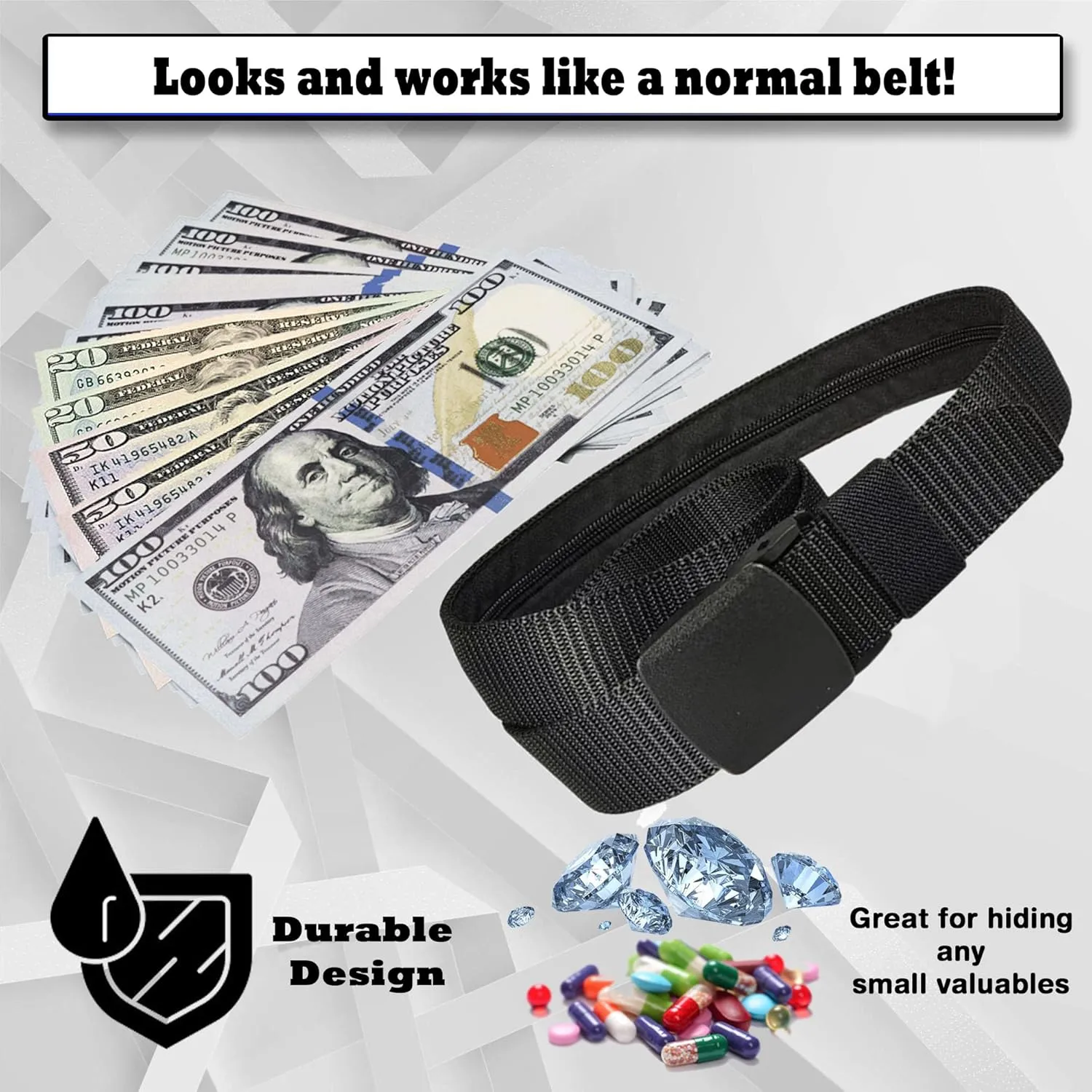 Security Money Belt with Hidden Money Pocket - Nylon Tactical Belt for Men & Women with Nonmetalic Buckle - Security Money Belt for Valuables, Cash, Passport - Cashsafe Anti-Theft Wallet Size Medium