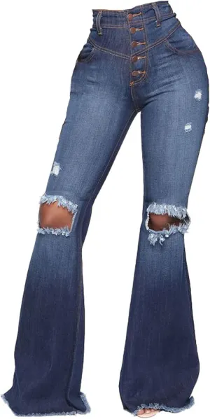 SeNight Women Bell Bottom Jeans Elastic Waist Ripped Flared Jean Destroyed Raw Hem Denim Pants
