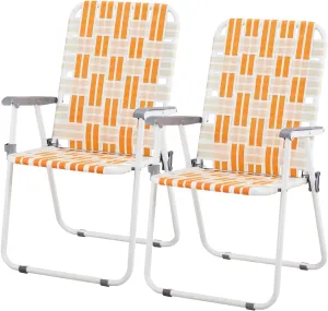 Set of 2 Patio Folding Lawn Chair, Outdoor Beach Portable Camping Chair, Webbed Folding Chair for Yard, Garden,Orange
