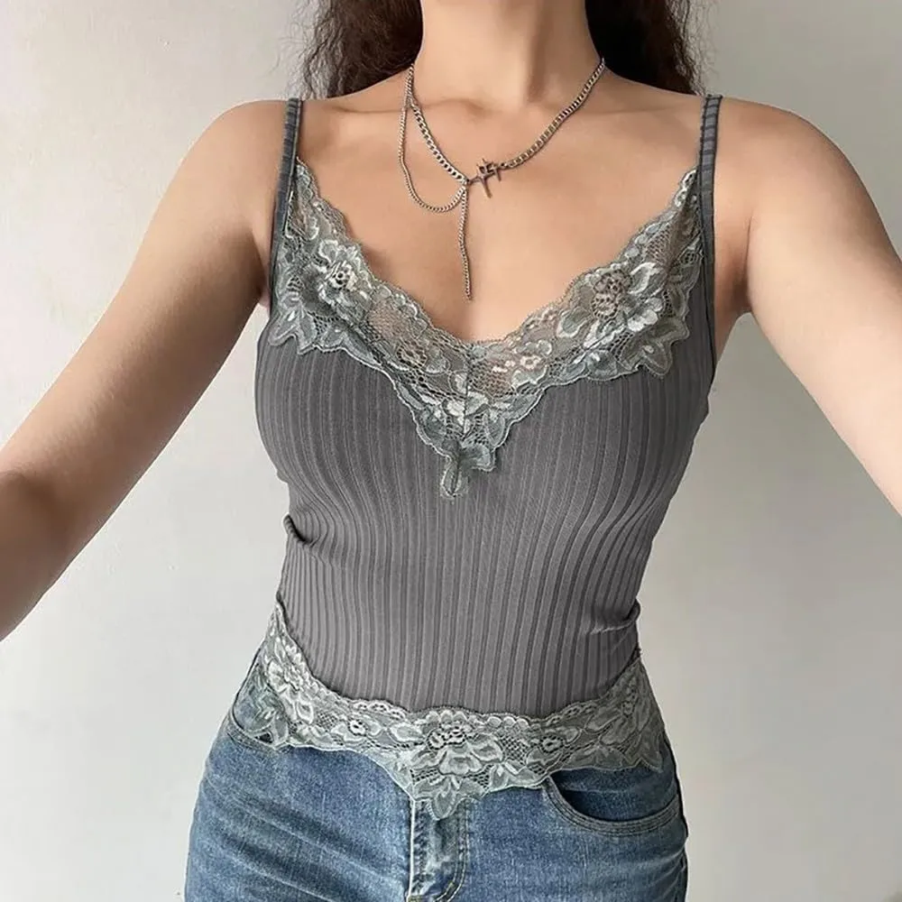 Sexy Ribbed Lace Tank Top for Women - Summer Sleeveless Slim-Fit Streetwear, Strappy Solid Knit Fitted Camisole