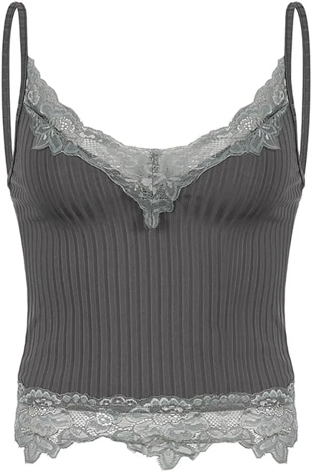 Sexy Ribbed Lace Tank Top for Women - Summer Sleeveless Slim-Fit Streetwear, Strappy Solid Knit Fitted Camisole