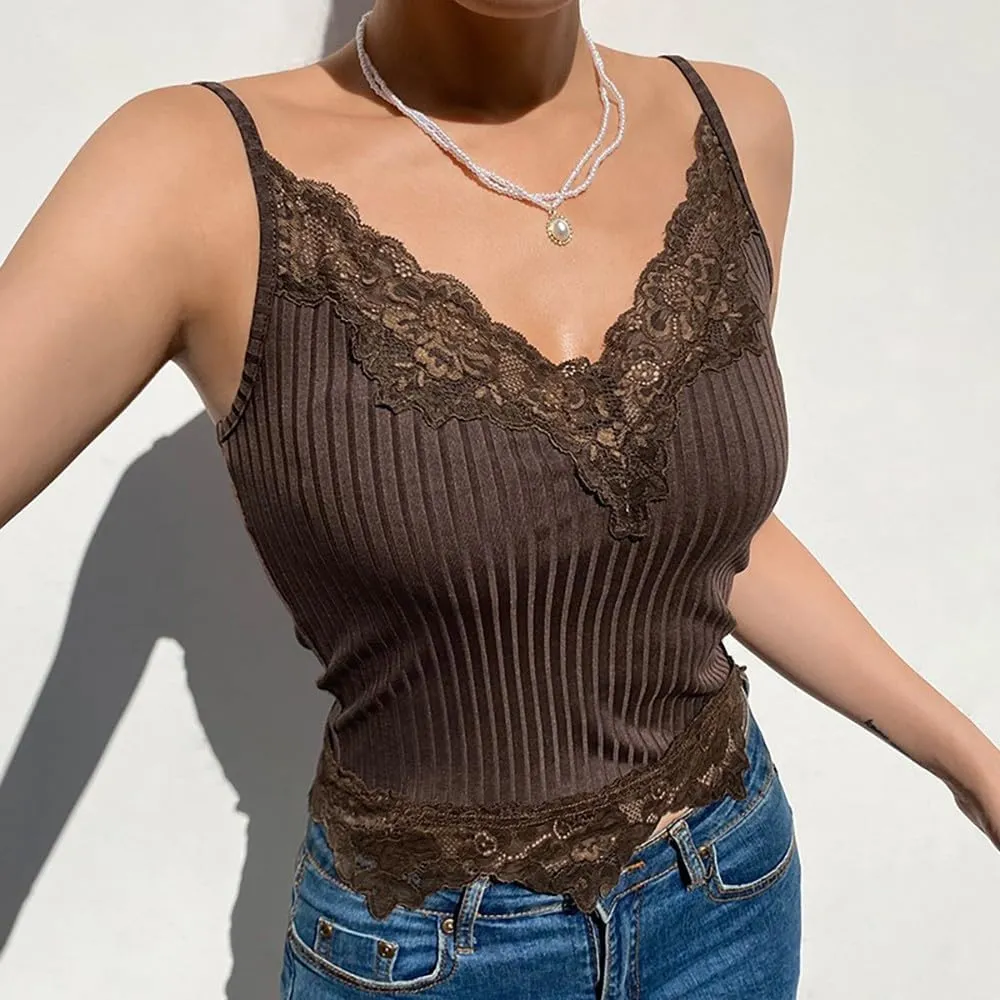Sexy Ribbed Lace Tank Top for Women - Summer Sleeveless Slim-Fit Streetwear, Strappy Solid Knit Fitted Camisole