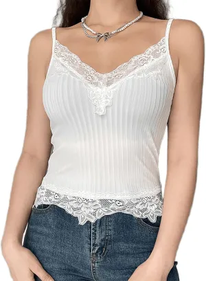 Sexy Ribbed Lace Tank Top for Women - Summer Sleeveless Slim-Fit Streetwear, Strappy Solid Knit Fitted Camisole