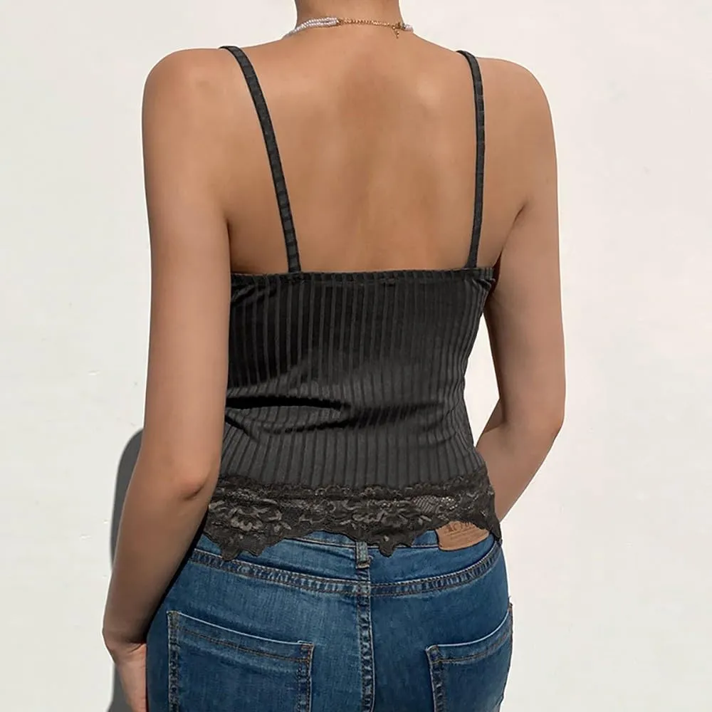 Sexy Ribbed Lace Tank Top for Women - Summer Sleeveless Slim-Fit Streetwear, Strappy Solid Knit Fitted Camisole