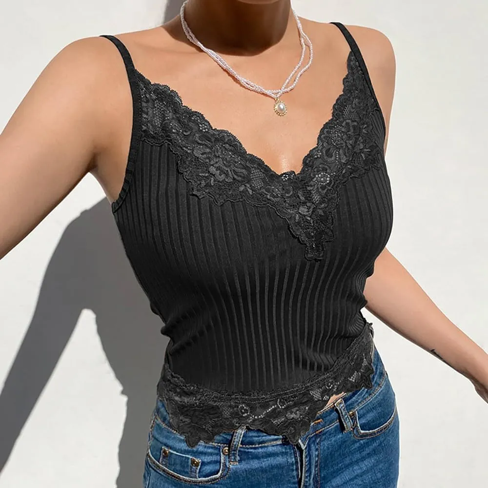 Sexy Ribbed Lace Tank Top for Women - Summer Sleeveless Slim-Fit Streetwear, Strappy Solid Knit Fitted Camisole