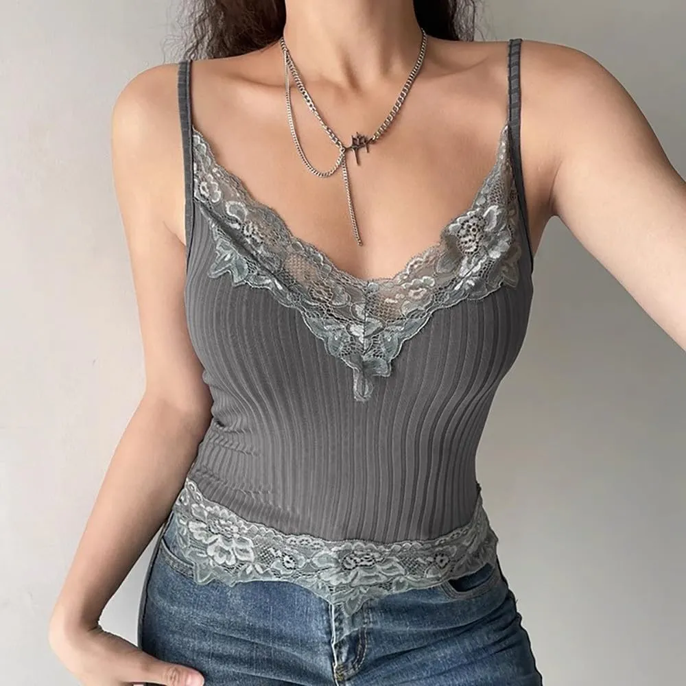 Sexy Ribbed Lace Tank Top for Women - Summer Sleeveless Slim-Fit Streetwear, Strappy Solid Knit Fitted Camisole