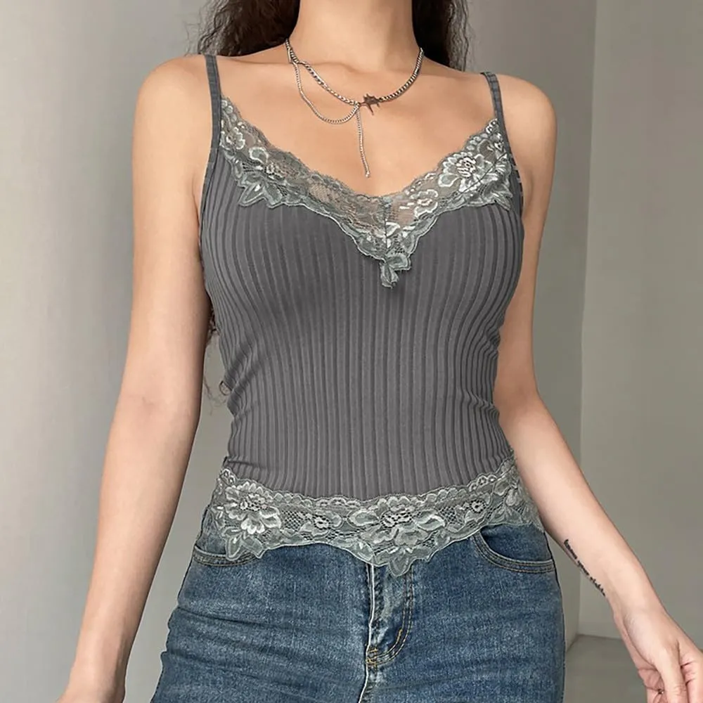 Sexy Ribbed Lace Tank Top for Women - Summer Sleeveless Slim-Fit Streetwear, Strappy Solid Knit Fitted Camisole