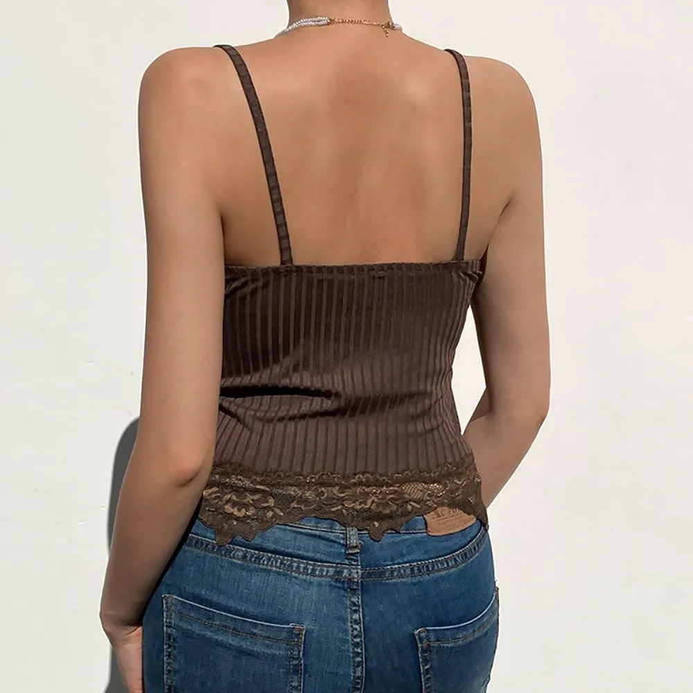 Sexy Ribbed Lace Tank Top for Women - Summer Sleeveless Slim-Fit Streetwear, Strappy Solid Knit Fitted Camisole