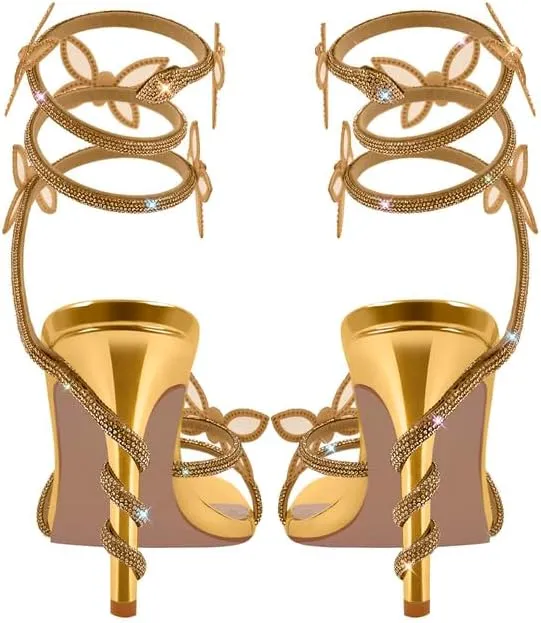 sexytag Diamante Heels Butterfly Wrap Around Strap Fantasy Rhinestone Sparkly Stiletto Heel Sandals