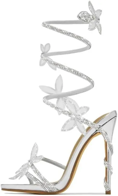 sexytag Diamante Heels Butterfly Wrap Around Strap Fantasy Rhinestone Sparkly Stiletto Heel Sandals