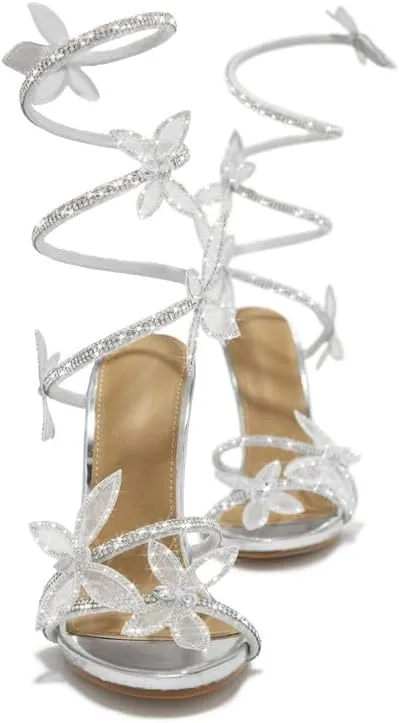 sexytag Diamante Heels Butterfly Wrap Around Strap Fantasy Rhinestone Sparkly Stiletto Heel Sandals