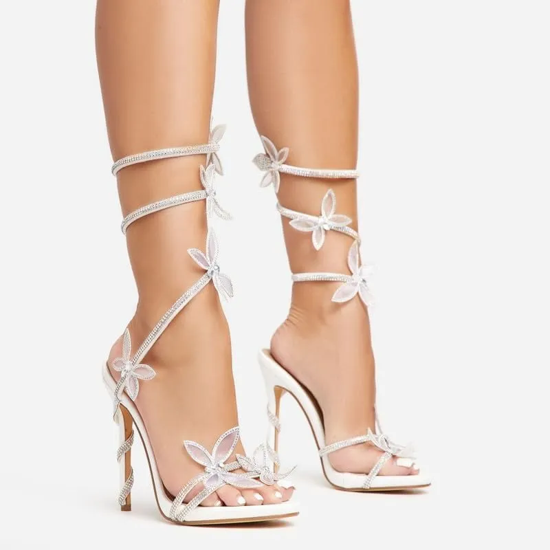 sexytag Diamante Heels Butterfly Wrap Around Strap Fantasy Rhinestone Sparkly Stiletto Heel Sandals