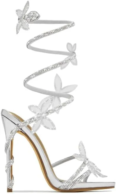 sexytag Diamante Heels Butterfly Wrap Around Strap Fantasy Rhinestone Sparkly Stiletto Heel Sandals