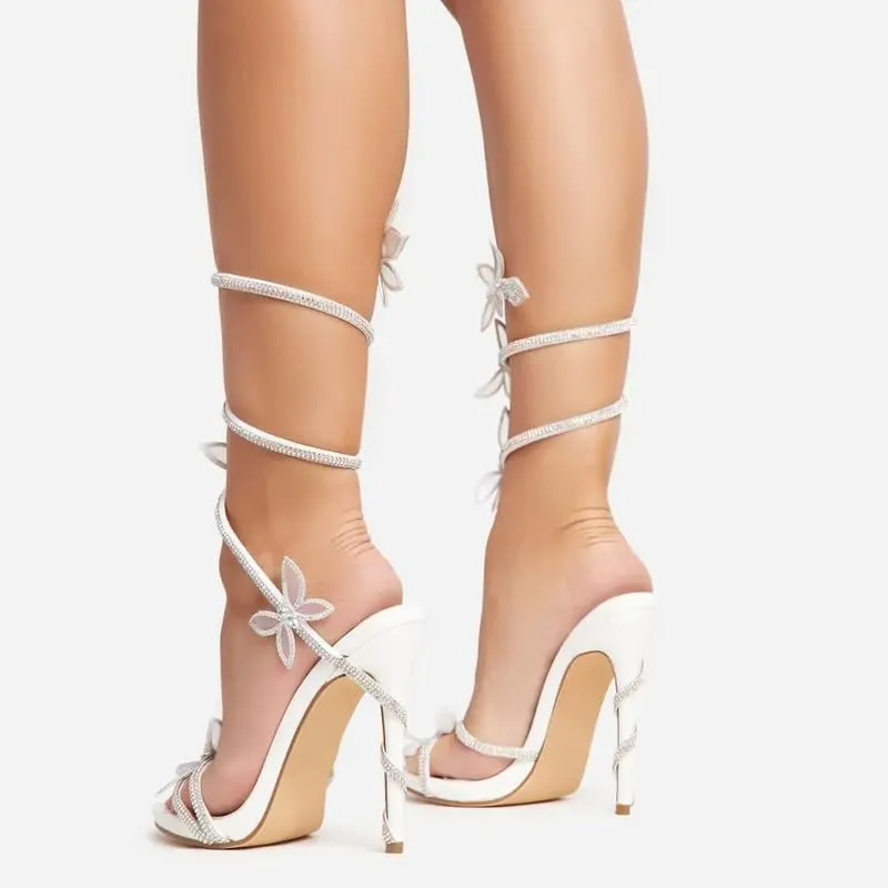 sexytag Diamante Heels Butterfly Wrap Around Strap Fantasy Rhinestone Sparkly Stiletto Heel Sandals