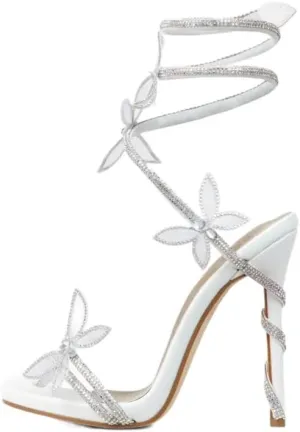 sexytag Diamante Heels Butterfly Wrap Around Strap Fantasy Rhinestone Sparkly Stiletto Heel Sandals