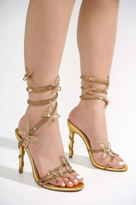 sexytag Diamante Heels Butterfly Wrap Around Strap Fantasy Rhinestone Sparkly Stiletto Heel Sandals
