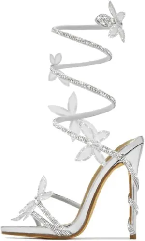 sexytag Diamante Heels Butterfly Wrap Around Strap Fantasy Rhinestone Sparkly Stiletto Heel Sandals
