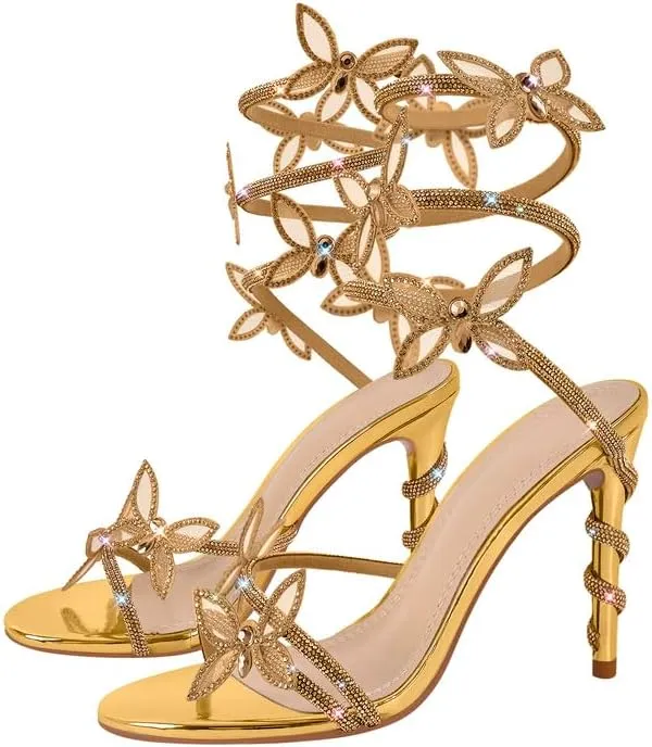 sexytag Diamante Heels Butterfly Wrap Around Strap Fantasy Rhinestone Sparkly Stiletto Heel Sandals