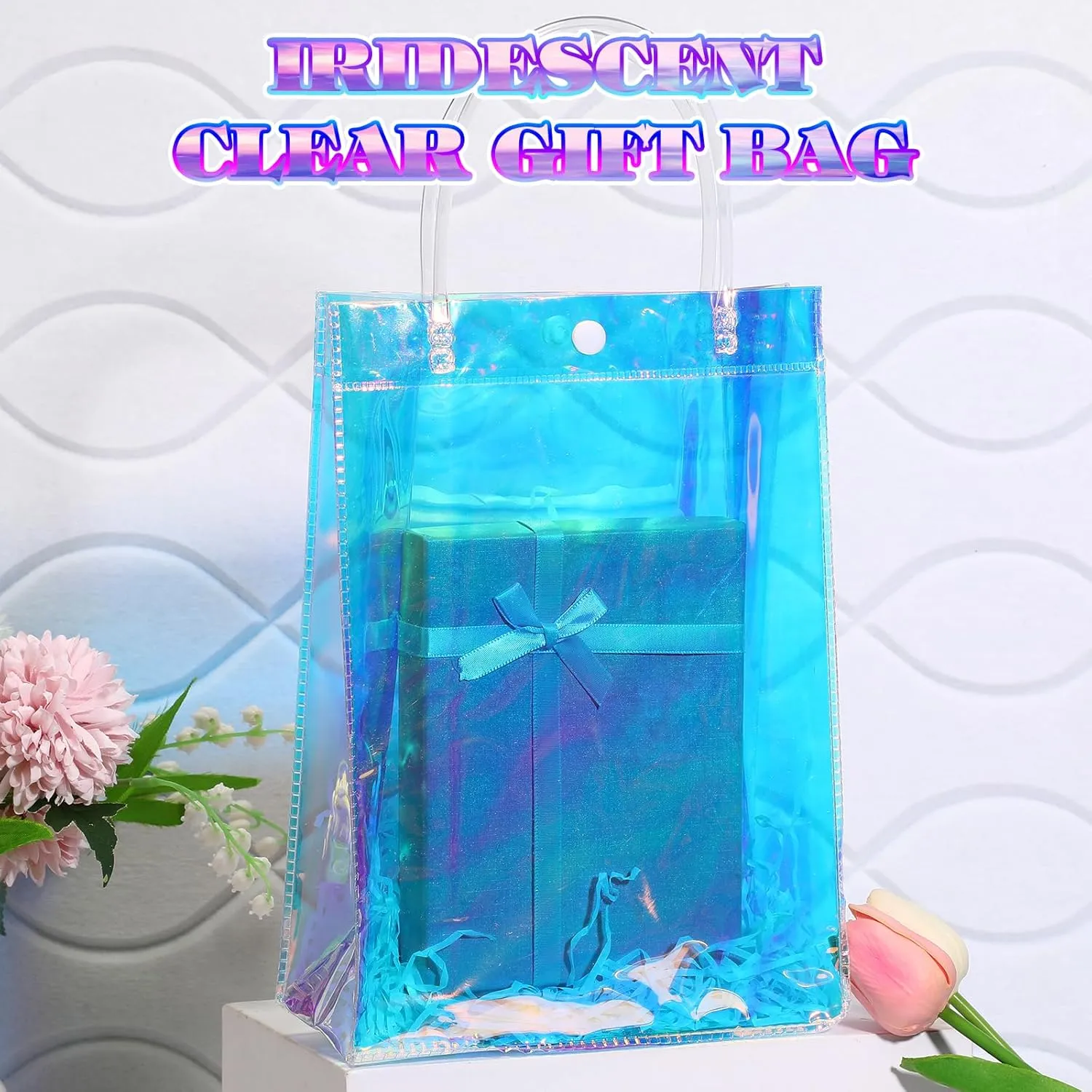Sherr 16 Pcs Holographic Small Gift Bag Reusable Iridescent Clear Bags for Women PVC Plastic Goodie Holder with Handles for Shopping Christmas Holiday Gift Party Favor(10.24" x 3.15" x 7.09",Rainbow)