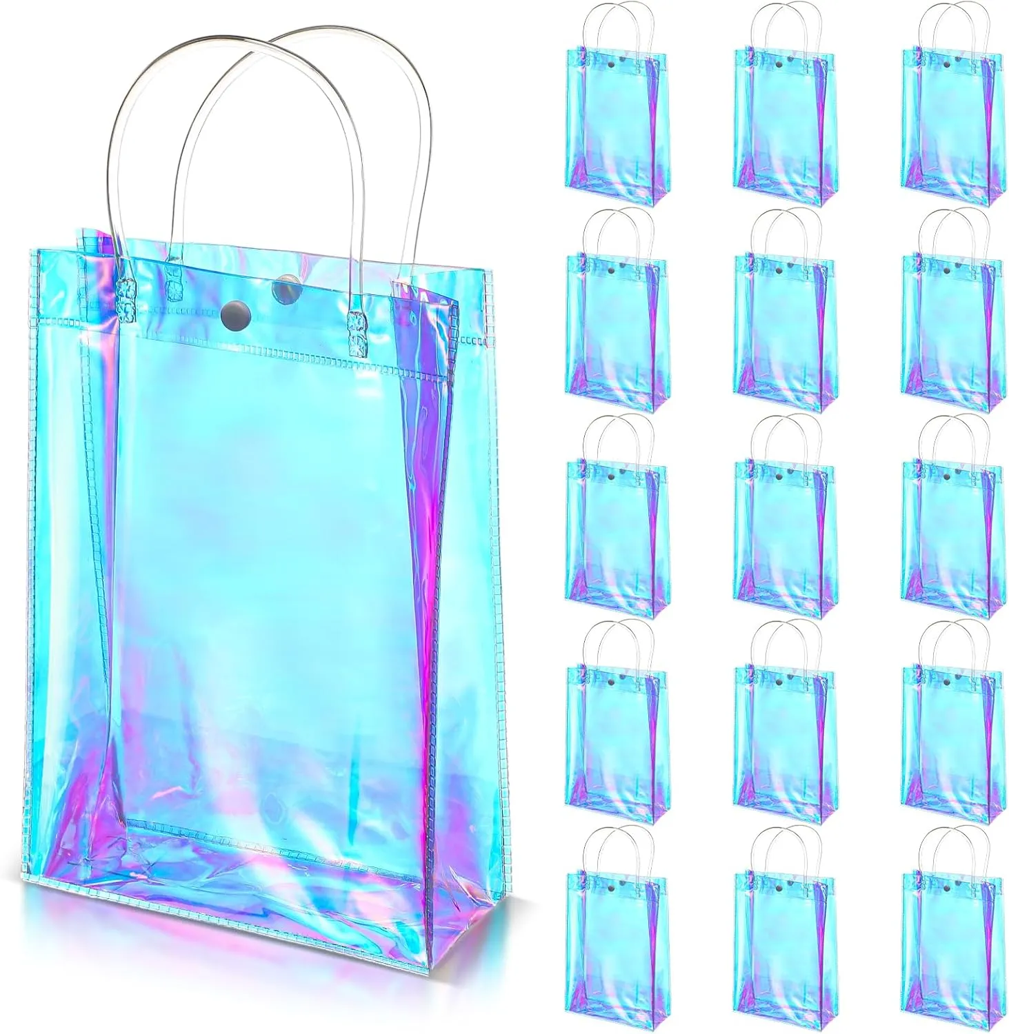 Sherr 16 Pcs Holographic Small Gift Bag Reusable Iridescent Clear Bags for Women PVC Plastic Goodie Holder with Handles for Shopping Christmas Holiday Gift Party Favor(10.24" x 3.15" x 7.09",Rainbow)