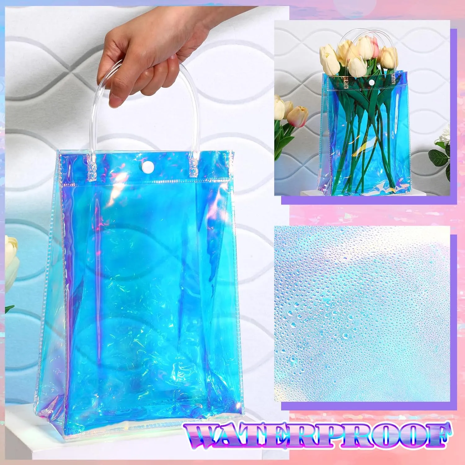 Sherr 16 Pcs Holographic Small Gift Bag Reusable Iridescent Clear Bags for Women PVC Plastic Goodie Holder with Handles for Shopping Christmas Holiday Gift Party Favor(10.24" x 3.15" x 7.09",Rainbow)