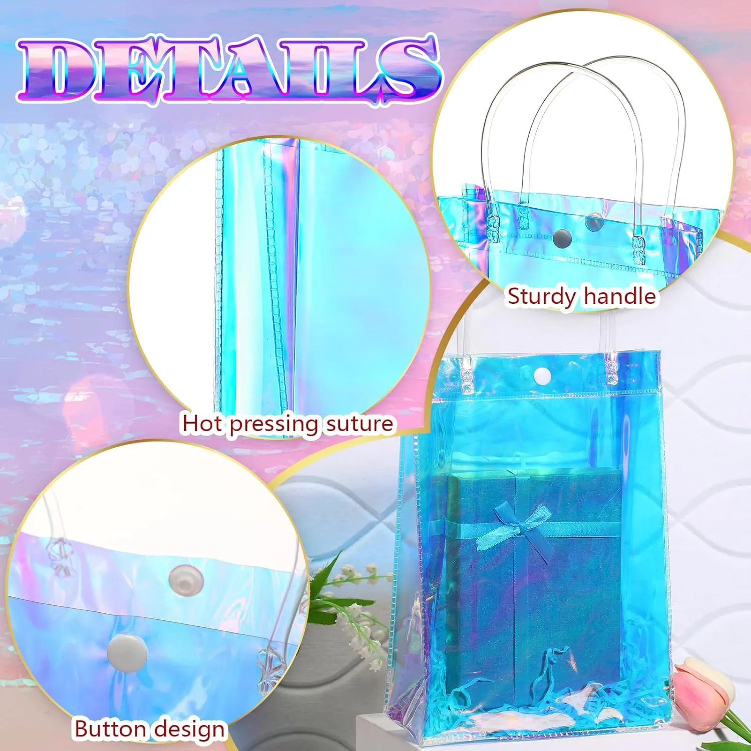 Sherr 16 Pcs Holographic Small Gift Bag Reusable Iridescent Clear Bags for Women PVC Plastic Goodie Holder with Handles for Shopping Christmas Holiday Gift Party Favor(10.24" x 3.15" x 7.09",Rainbow)