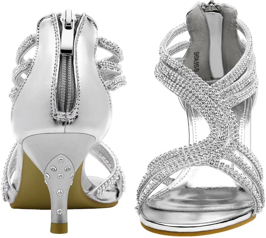 SheSole Women's Low Heel Dance Wedding Sandals Strappy Dress Shoes Silver Gold Heel