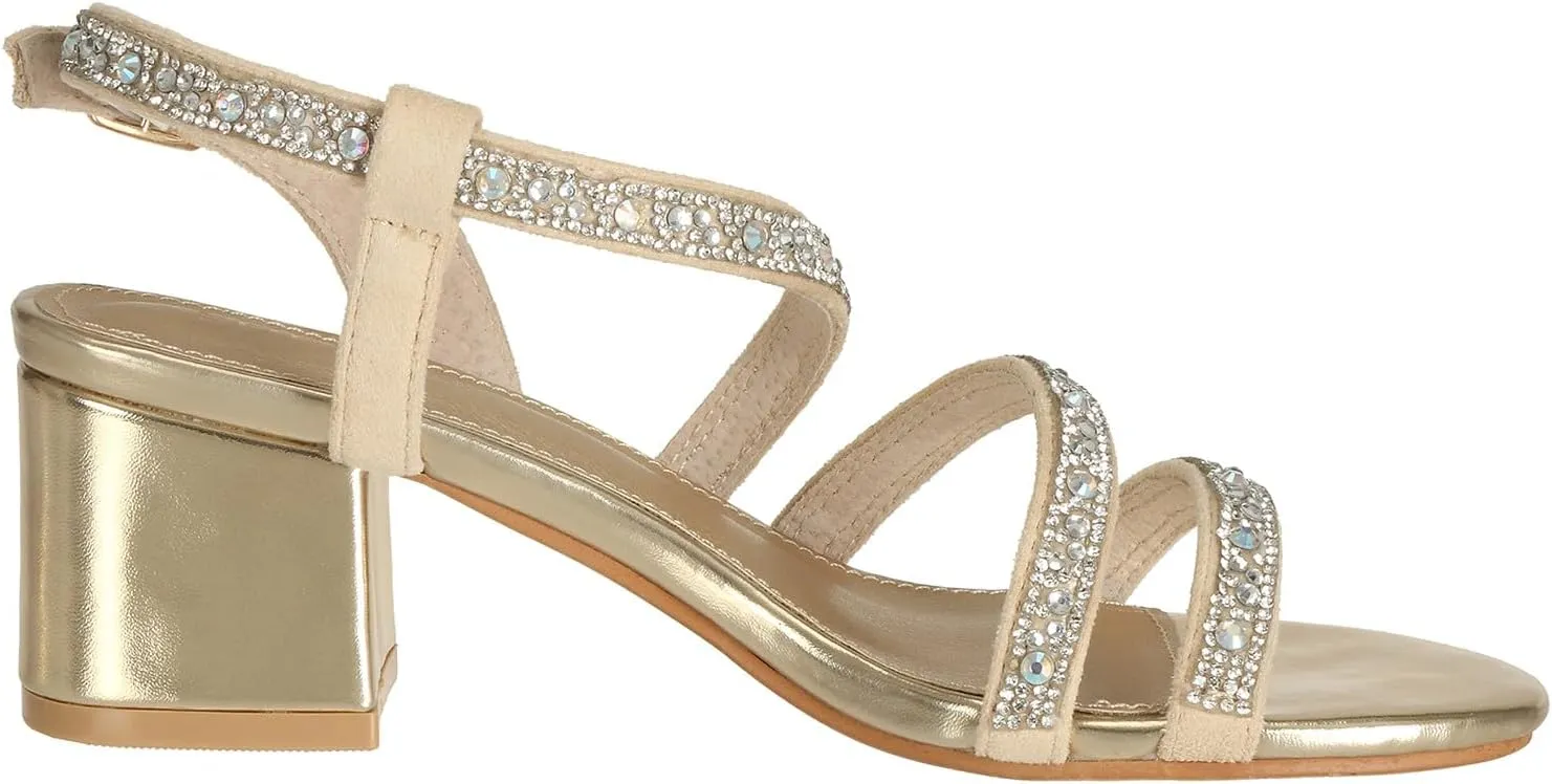 SheSole Women's Open Toe Slingback Strappy Heels Rhinestone Sandals Wedding Shoes for Bride Low Block Chunky Heels Metallic