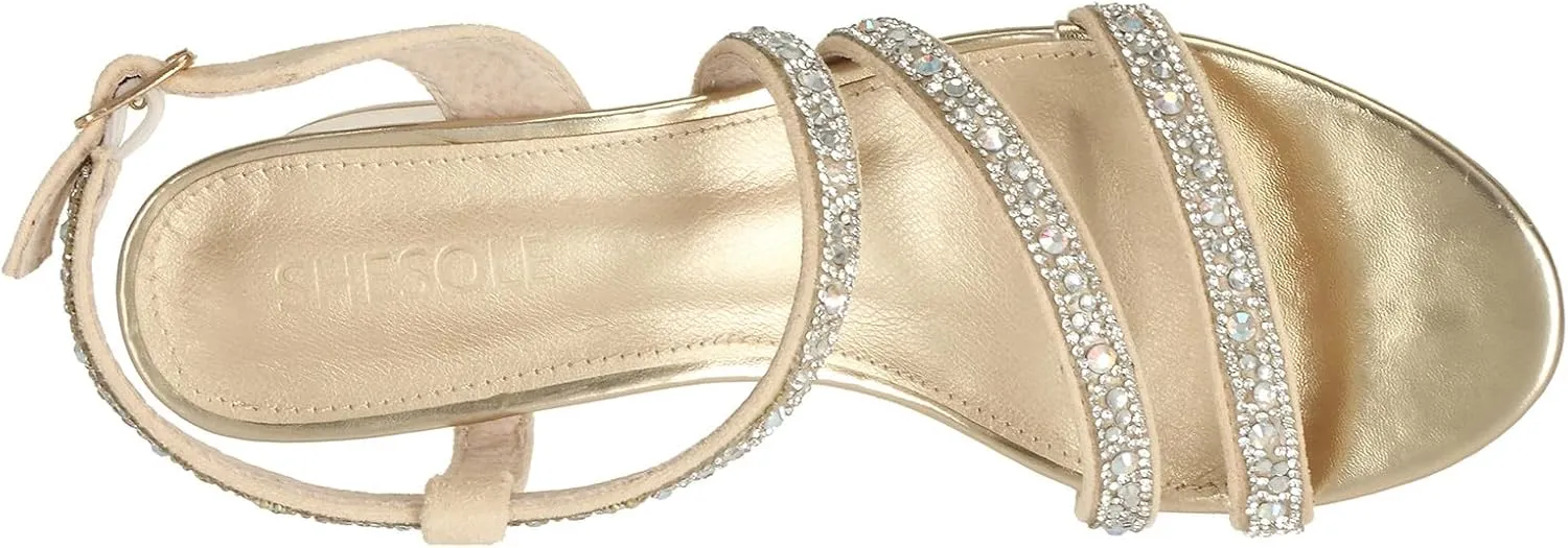 SheSole Women's Open Toe Slingback Strappy Heels Rhinestone Sandals Wedding Shoes for Bride Low Block Chunky Heels Metallic