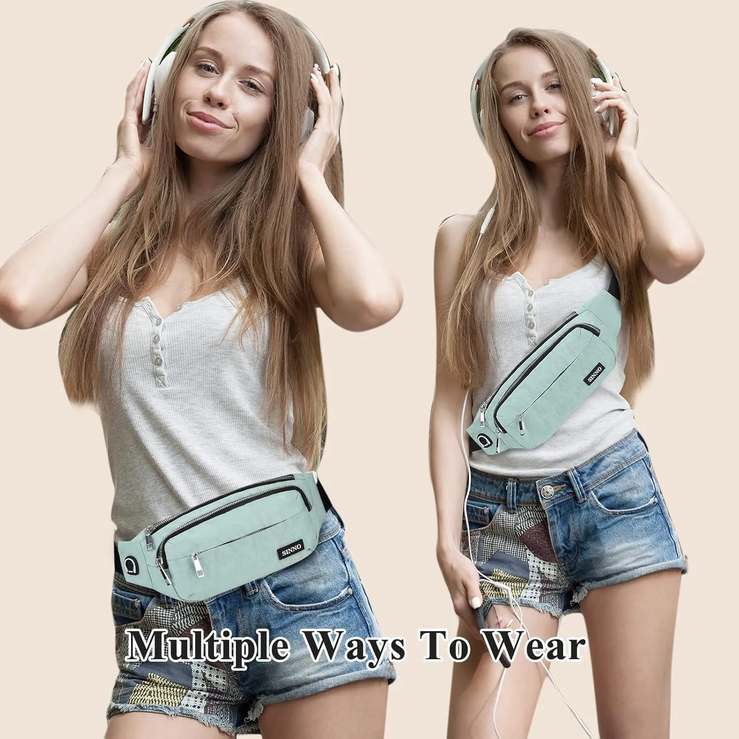 SINNO Large Crossbody Fanny Pack for Women Men Belt Bag With 4-Zipper Pockets for Travel Running Hiking Workout Dog Walking Outdoors Sport Fishing Waist Pack Bag Carrying All Phones